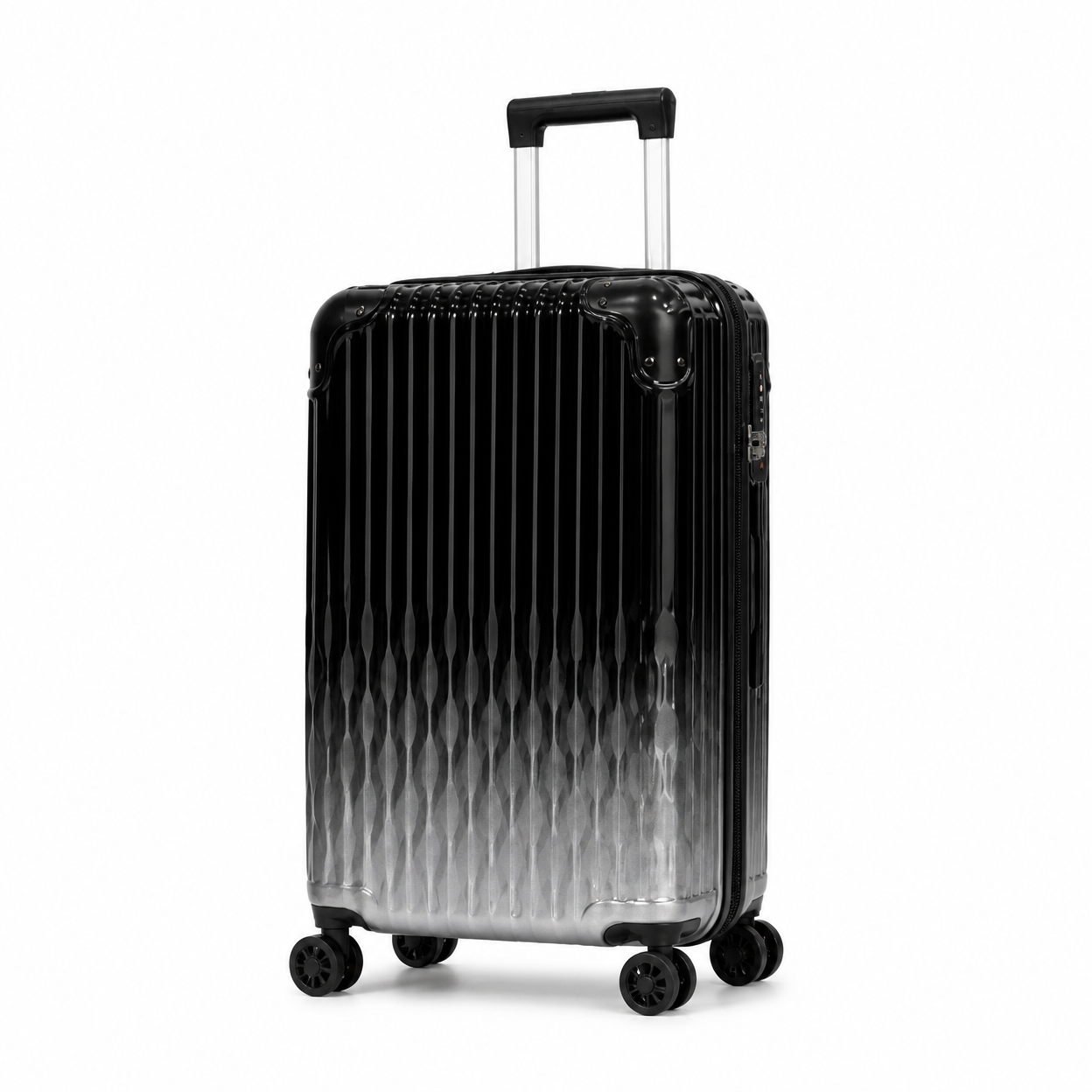 Rolling Joy OEM faceted vertical rib abs pc 3 piece luggage set 21 25 29 inch black gradient 21inch 25inch 29inch ABS+PC composite, faceted geometric cut with vertical ribs
