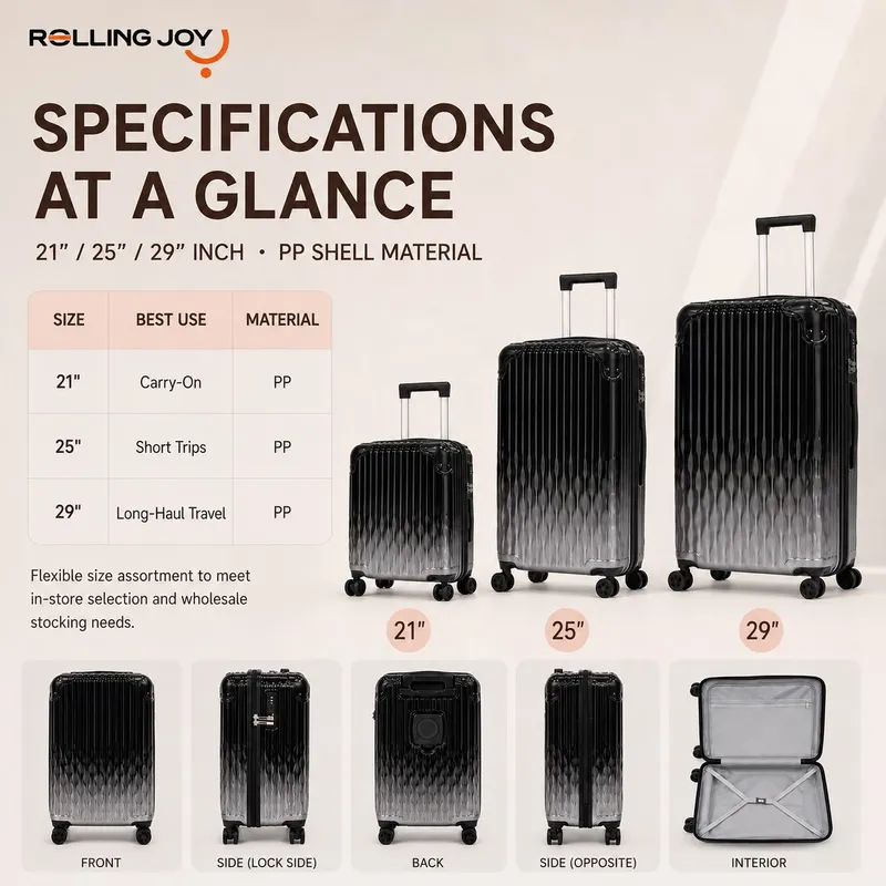 Rolling Joy OEM faceted vertical rib abs pc 3 piece luggage set 21 25 29 inch black gradient 21inch 25inch 29inch ABS+PC composite, faceted geometric cut with vertical ribs view 2
