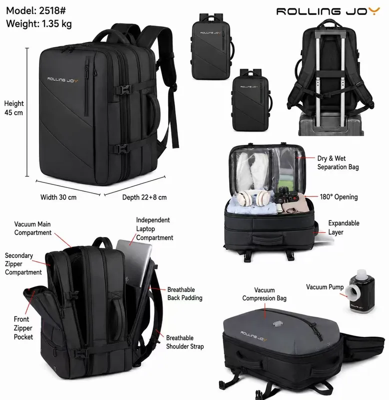 Rolling Joy OEM vacuum compression travel backpack model 2518 black expandable 45 30 22 8 expandable view 2