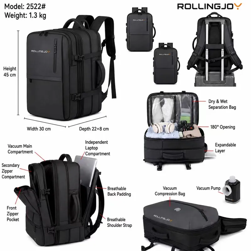Rolling Joy OEM vacuum compression travel backpack model 2522 black expandable 45 30 22 8 expandable view 2
