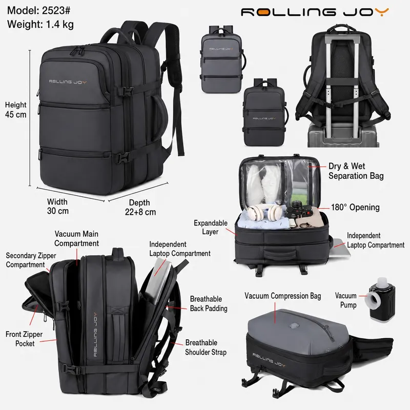 Rolling Joy OEM vacuum compression travel backpack model 2523 black grey expandable 45 30 22 8 expandable view 2