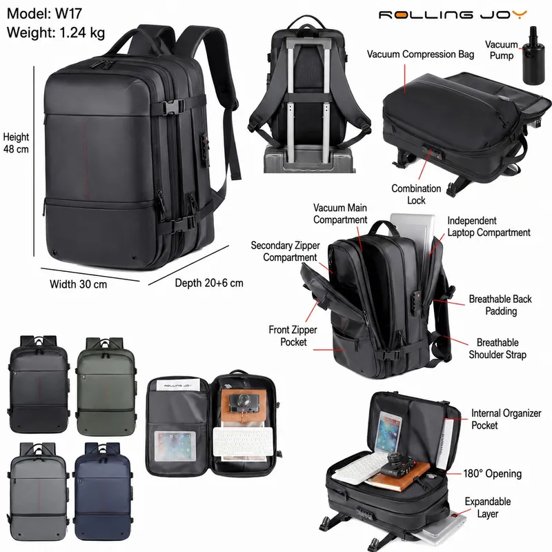 Rolling Joy OEM vacuum compression travel backpack model w17 black with combination lock four colors 48 30 20 6 expandable view 2