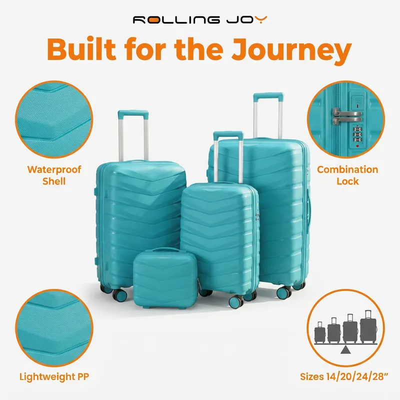 Rolling Joy OEM teal chevron PP hard shell 4 piece luggage set 14 to 28 inch 14inch 20inch 24inch 28inch PP hard-shell, chevron texture, waterproof view 2