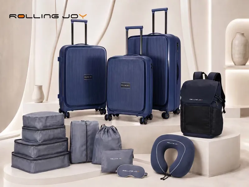 Rolling Joy OEM navy ribbed pp hard shell 3 piece set with matching navy backpack 20inch 24inch 28inch Virgin PP hard-shell, vertical ribbed texture view 2