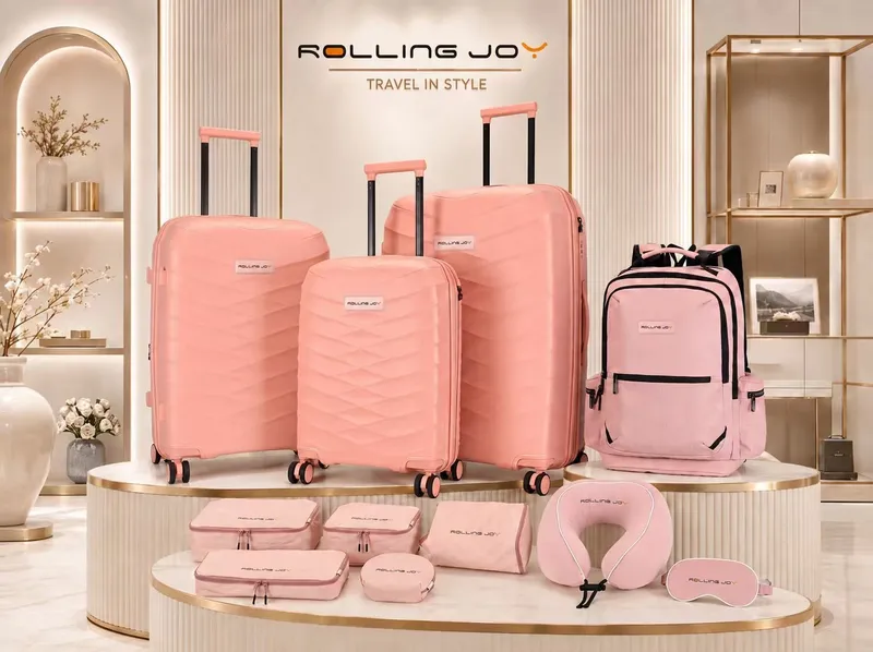 Rolling Joy OEM blush pink chevron pp hard shell 3 piece set with matching backpack 20inch 24inch 28inch Virgin PP hard-shell, chevron texture view 2