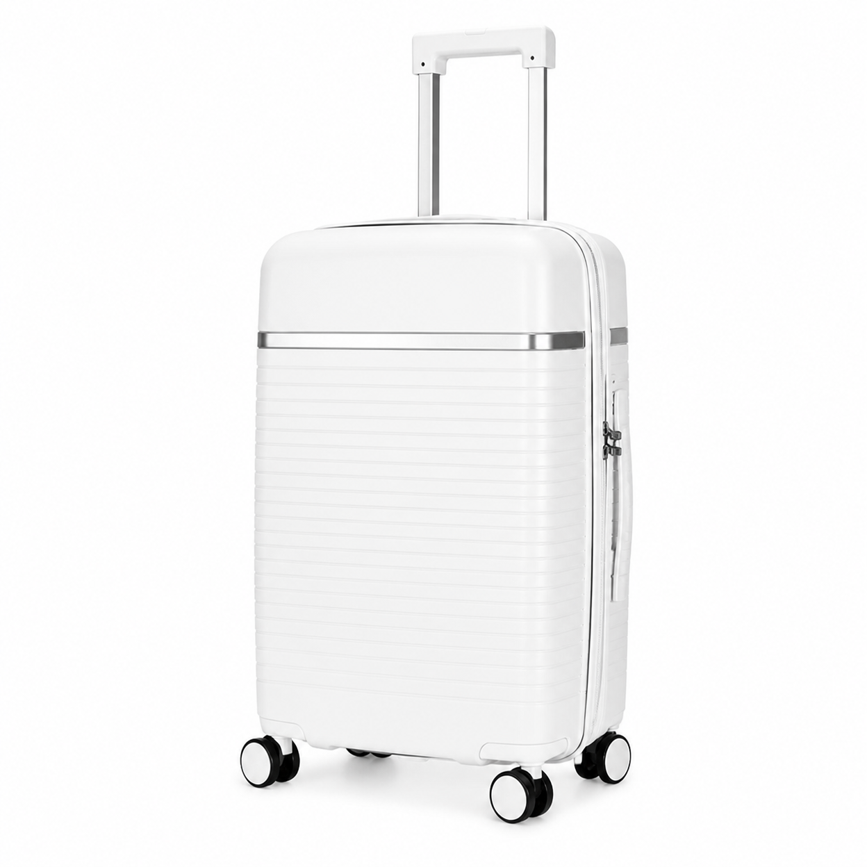 Rolling Joy OEM white ribbed pp hard shell 4 piece set with vanity case silver band 4 pieces — vanity case 20inch 24inch 28inch Virgin PP hard-shell, horizontal ribbed texture