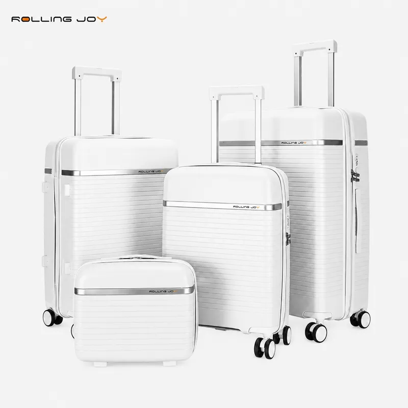 Rolling Joy OEM white ribbed pp hard shell 4 piece set with vanity case silver band 4 pieces — vanity case 20inch 24inch 28inch Virgin PP hard-shell, horizontal ribbed texture view 2