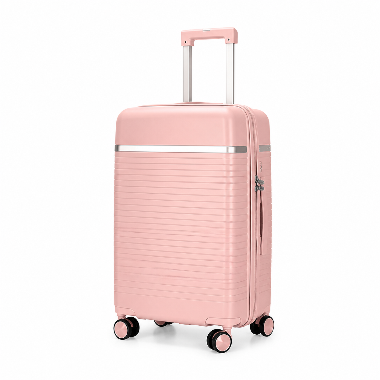Rolling Joy OEM pink ribbed pp hard shell 4 piece set with vanity case color matched hardware 4 pieces — vanity case 20inch 24inch 28inch Virgin PP hard-shell, horizontal ribbed te