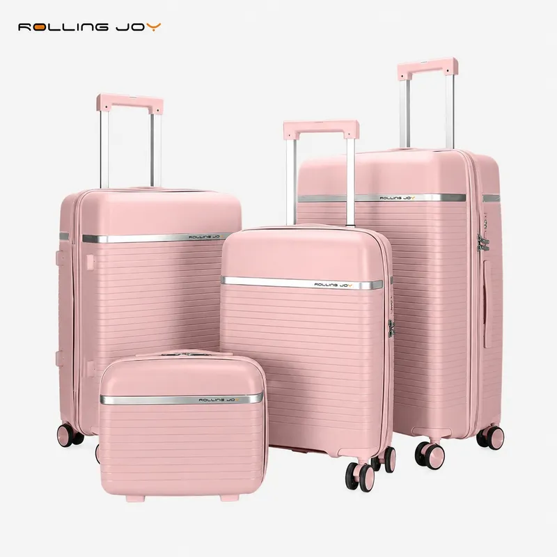 Rolling Joy OEM pink ribbed pp hard shell 4 piece set with vanity case color matched hardware 4 pieces — vanity case 20inch 24inch 28inch Virgin PP hard-shell, horizontal ribbed te view 2