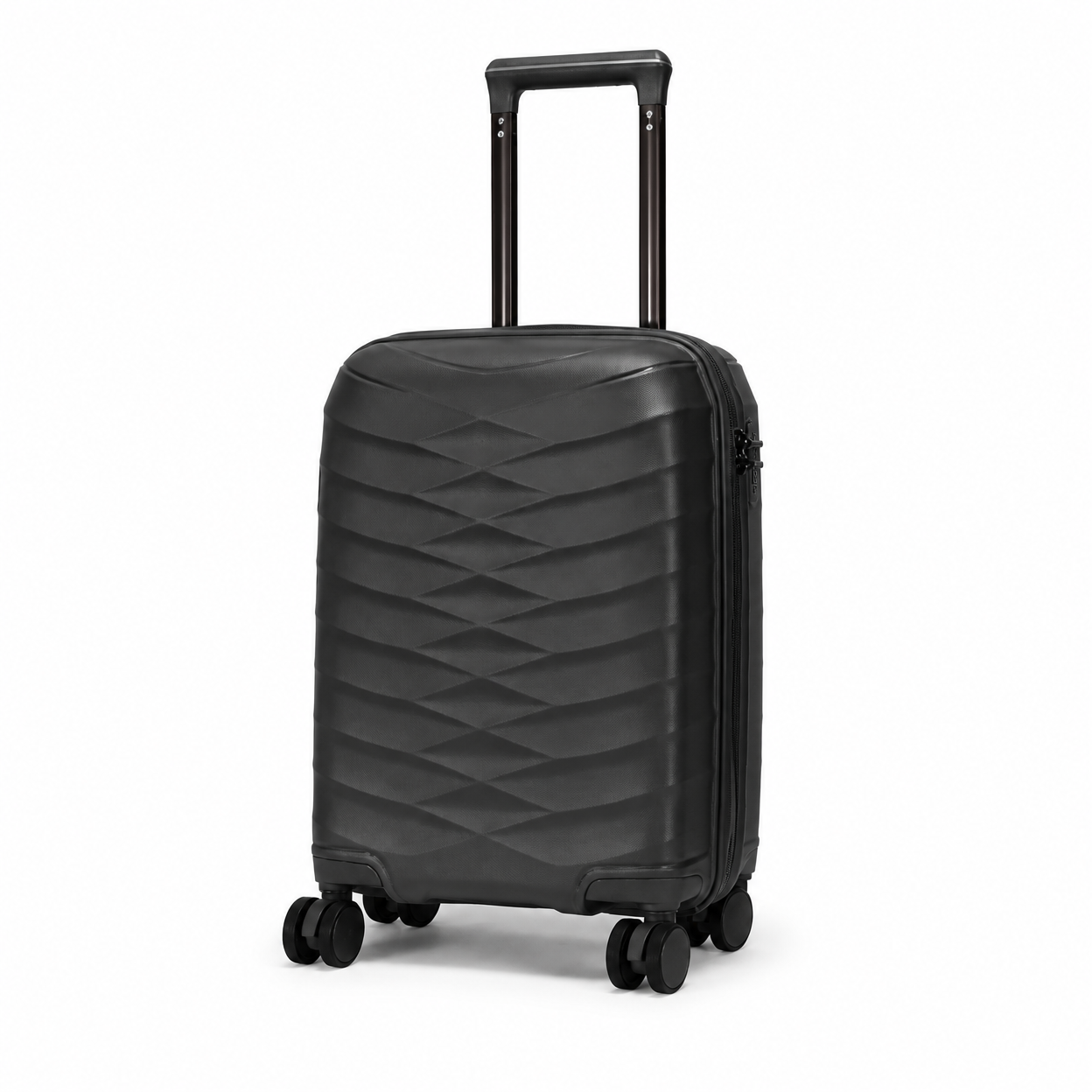 Rolling Joy OEM matte black chevron pp hard shell 4 piece luggage set with silver badge 4-piece — carry-on to large check-in Virgin PP hard-shell, horizontal chevron texture, matte
