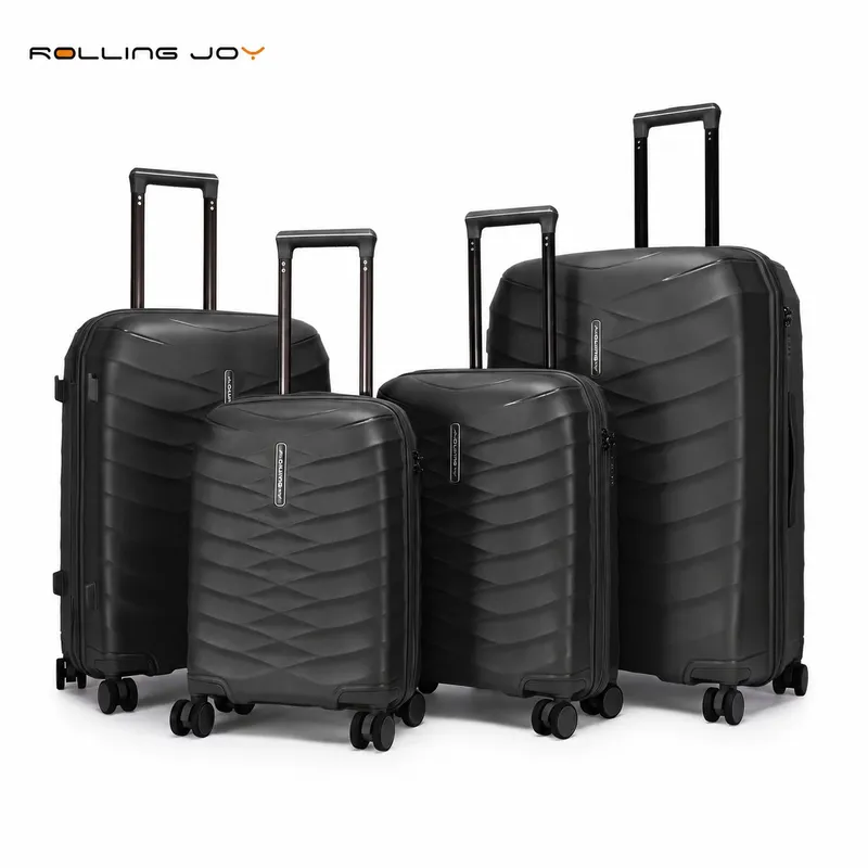 Rolling Joy OEM matte black chevron pp hard shell 4 piece luggage set with silver badge 4-piece — carry-on to large check-in Virgin PP hard-shell, horizontal chevron texture, matte view 2
