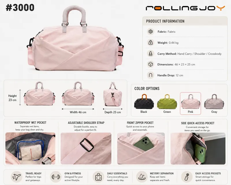 Rolling Joy OEM travel gym bag 3000 four colors triangular flap front pocket 46 23 25 Fabric view 2