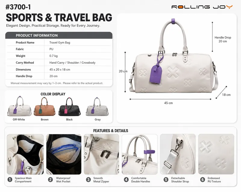 Rolling Joy OEM pu sports and travel bag 3700-1 embossed plus texture four colors 45 20 18 PU view 2