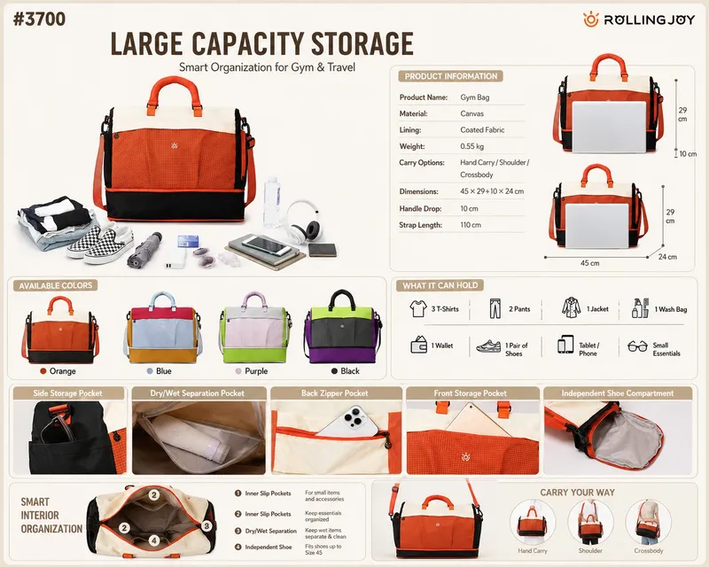 Rolling Joy OEM large capacity canvas storage gym bag 3700 four colors 45 29 10 24 Canvas view 2
