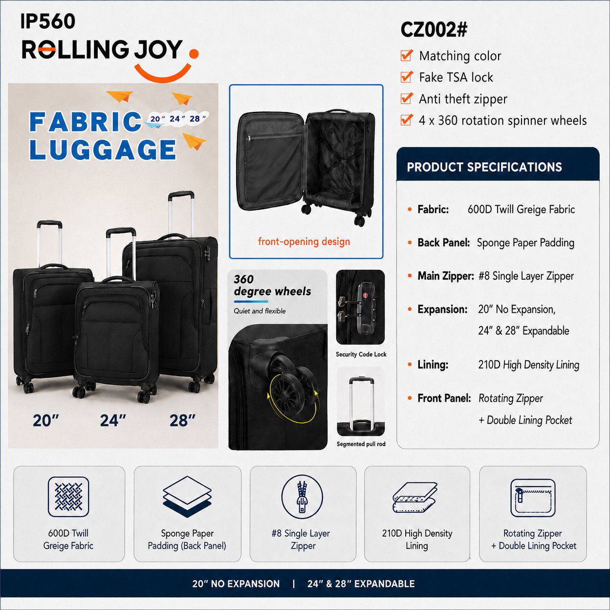 Rolling Joy OEM Rolling Joy fabric luggage spinner IP560 CZ002 - 600D twill nylon trolley case with spinner wheels 20inch no expansion 24inch & 28inch expandable 600D twill greige  view 2