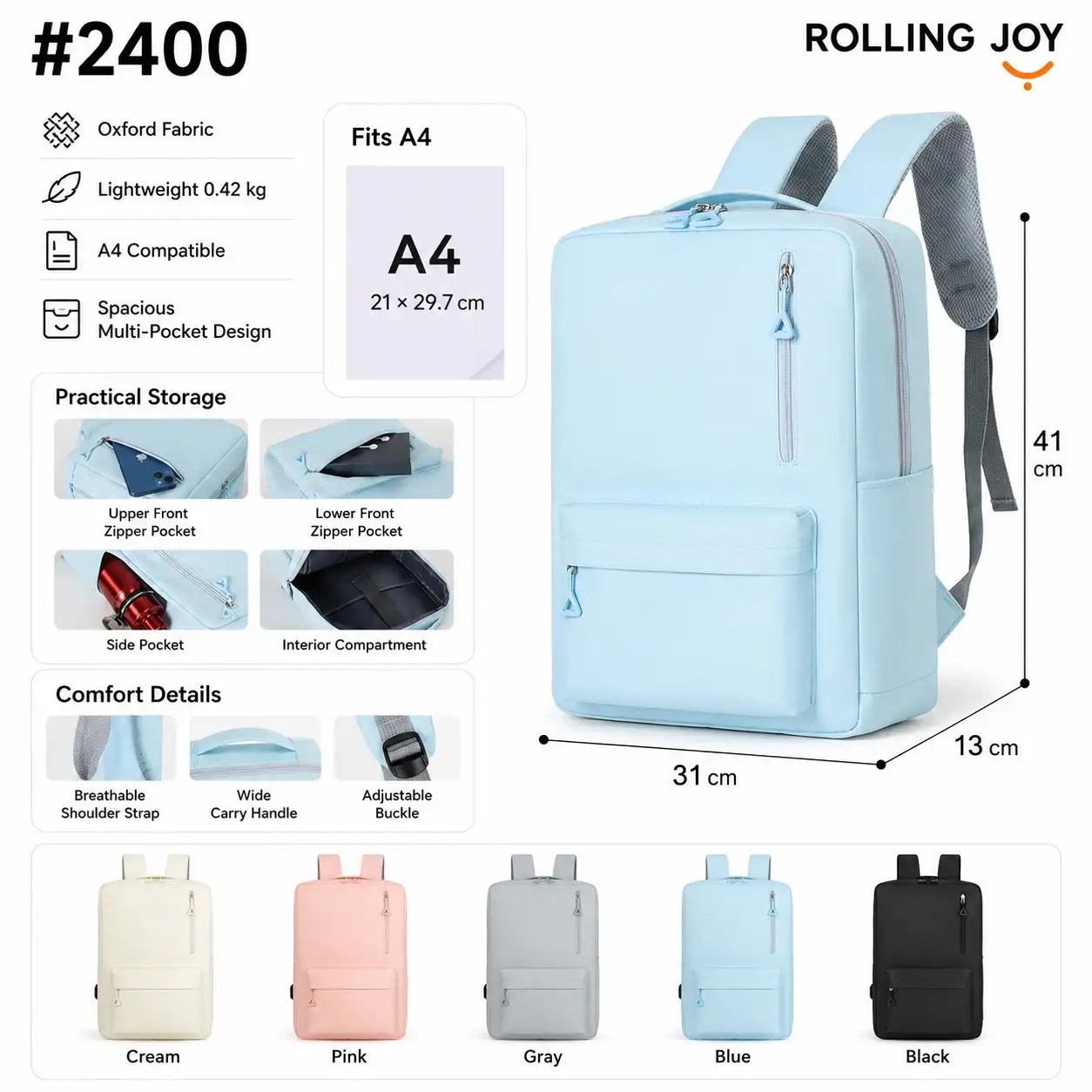 Rolling Joy OEM #2400 lightweight backpack light blue 41 x 31 x 13cm Oxford fabric view 2