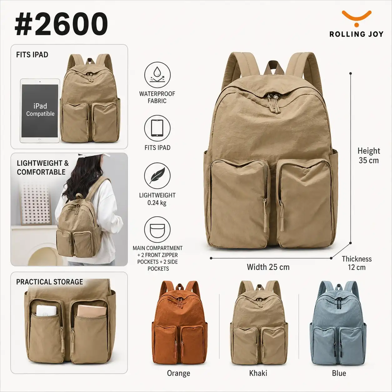 Rolling Joy OEM #2600 ultra light waterproof backpack khaki 35 x 25 x 12cm Crinkled waterproof fabric view 2