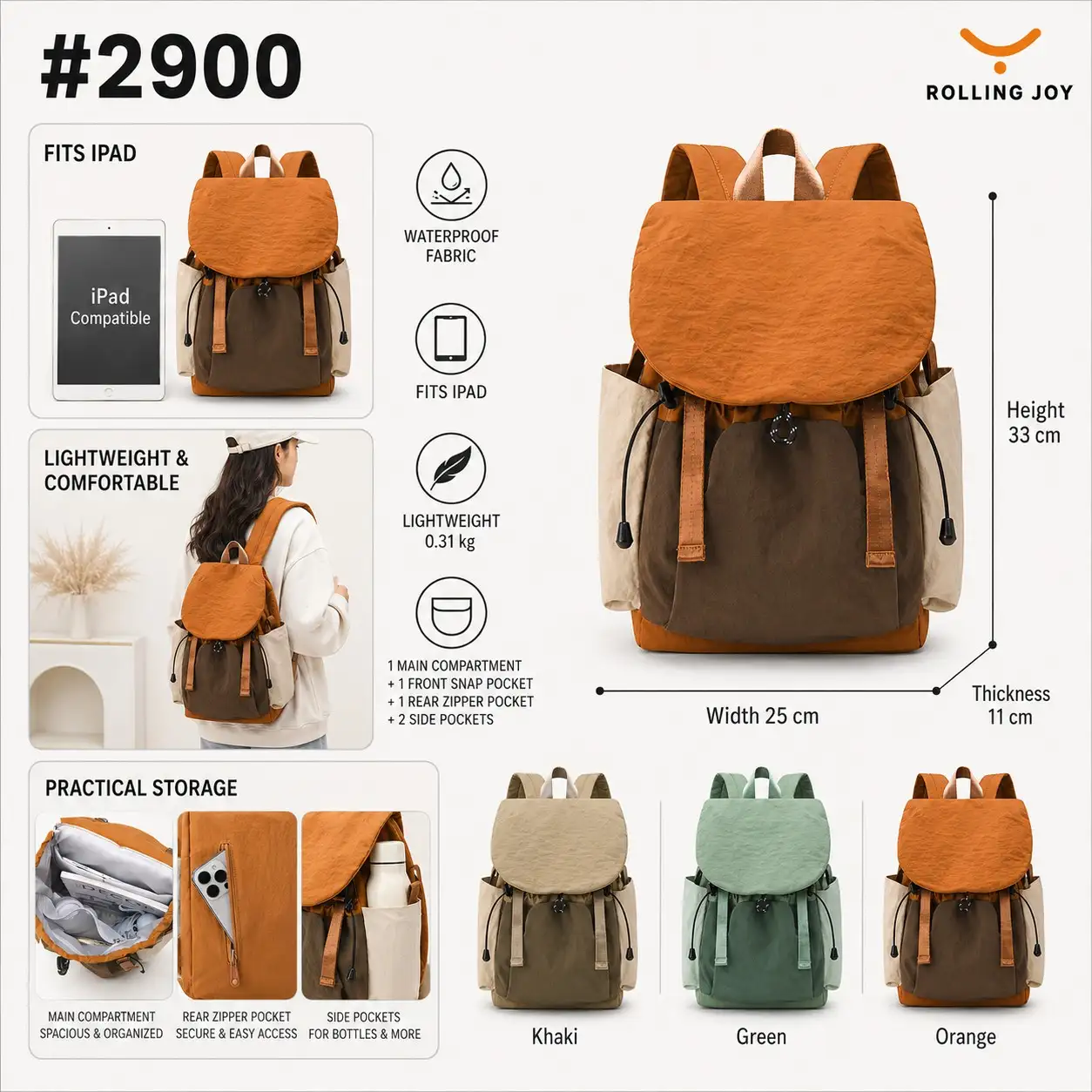 Rolling Joy OEM #2900 lightweight waterproof backpack orange 33 x 25 x 11cm Waterproof nylon view 2