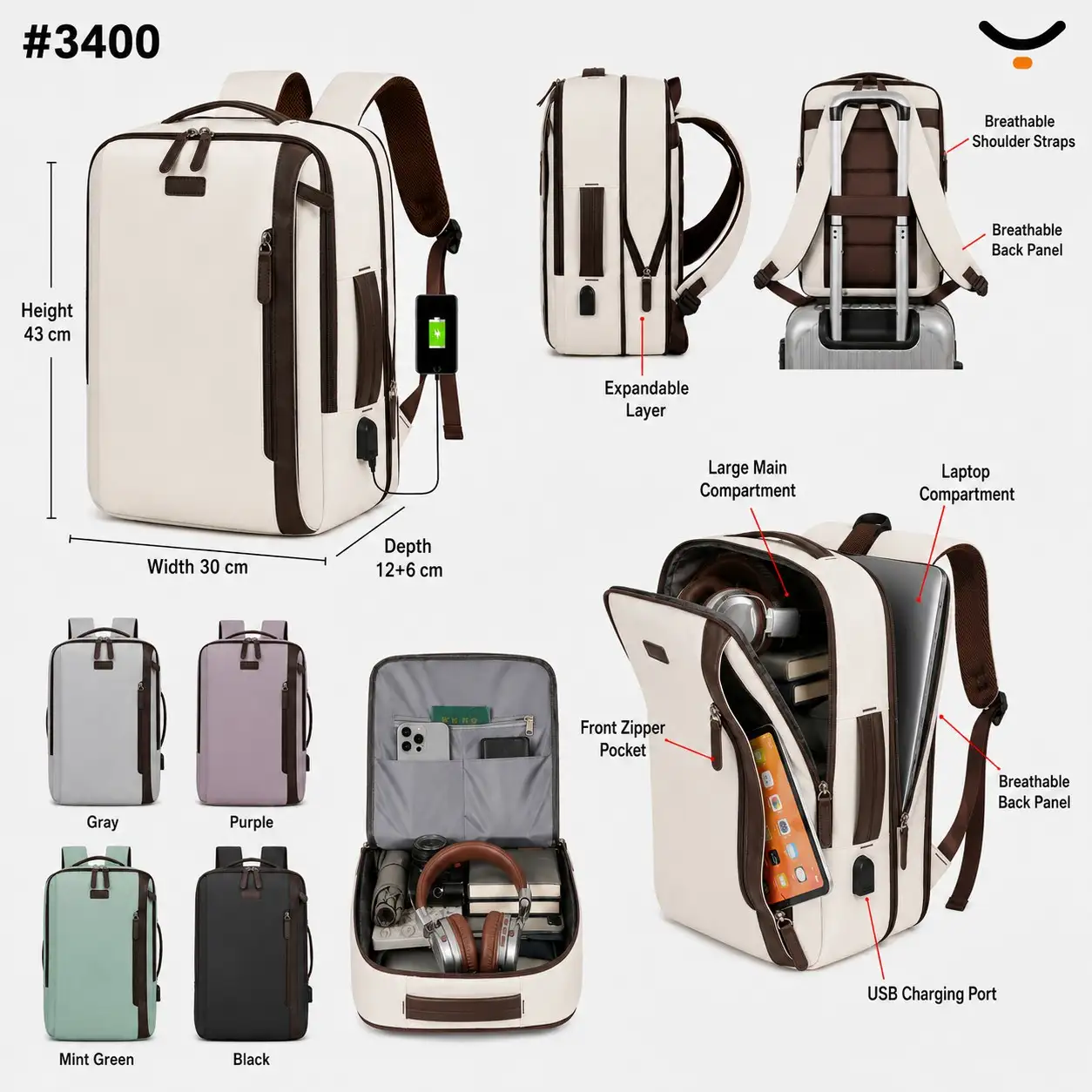 Rolling Joy OEM #3400 expandable travel backpack cream 43 x 30 x 12 6cm view 2