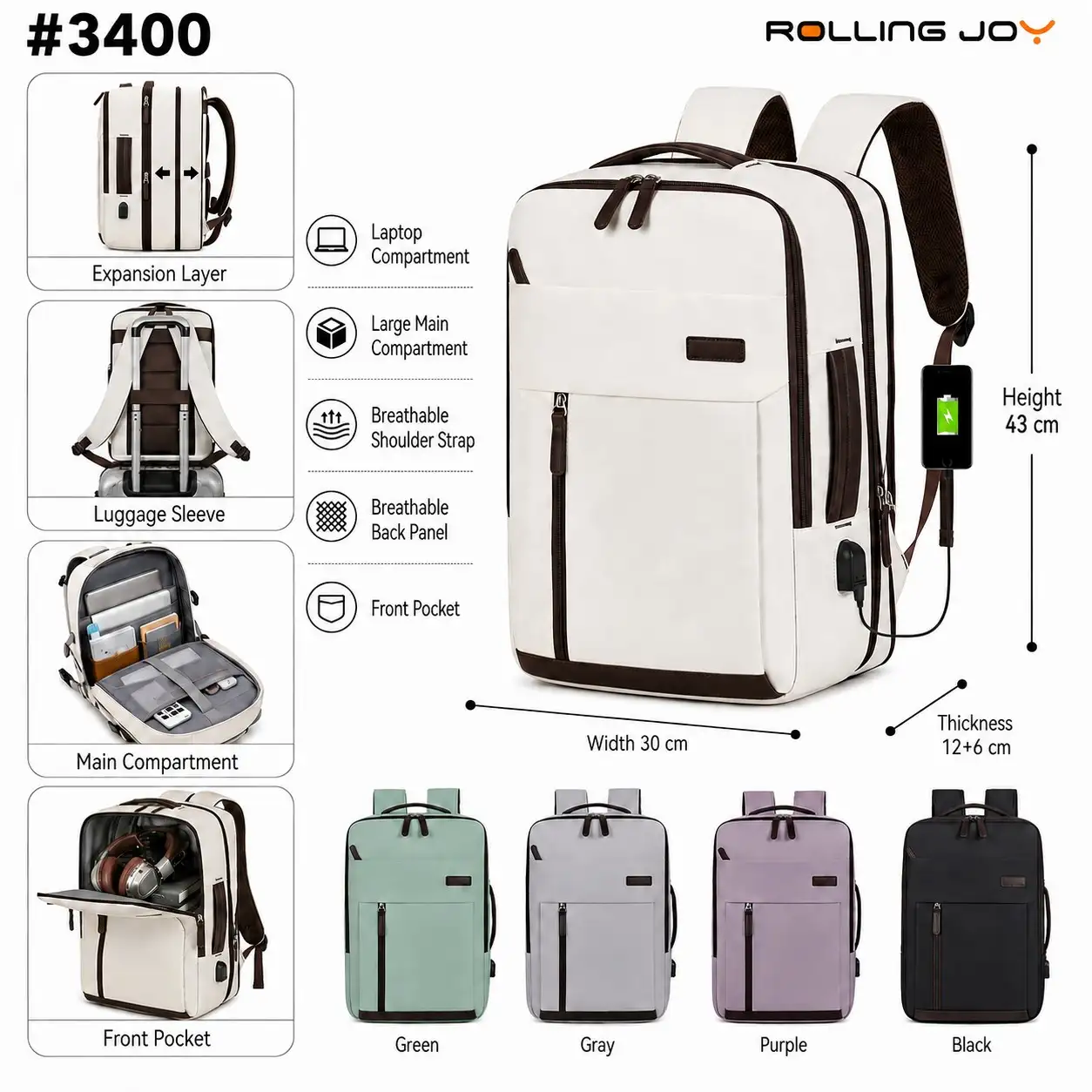 Rolling Joy OEM #3400 minimal expandable backpack cream 43 x 30 x 12 6cm view 2