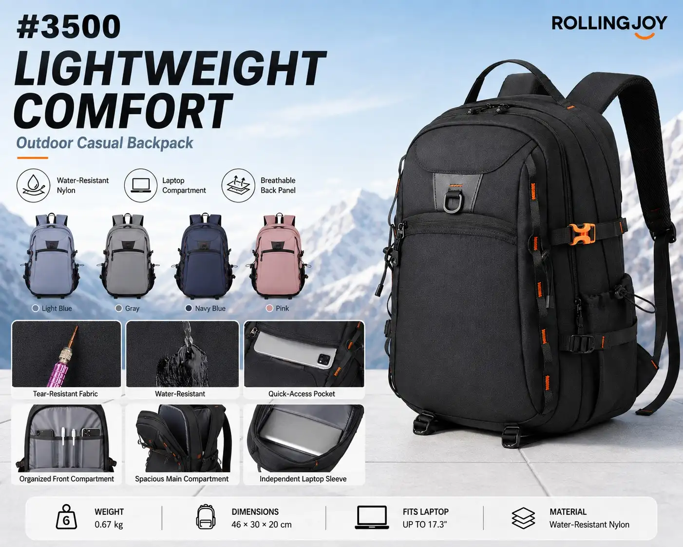 Rolling Joy OEM #3500 lightweight outdoor casual backpack black 46 x 30 x 20cm Water-resistant nylon view 2