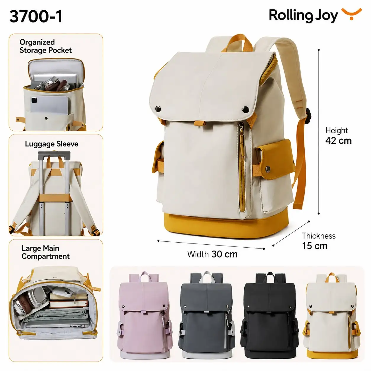 Rolling Joy OEM #3700-1 flap top casual backpack cream yellow 42 x 30 x 15cm view 2