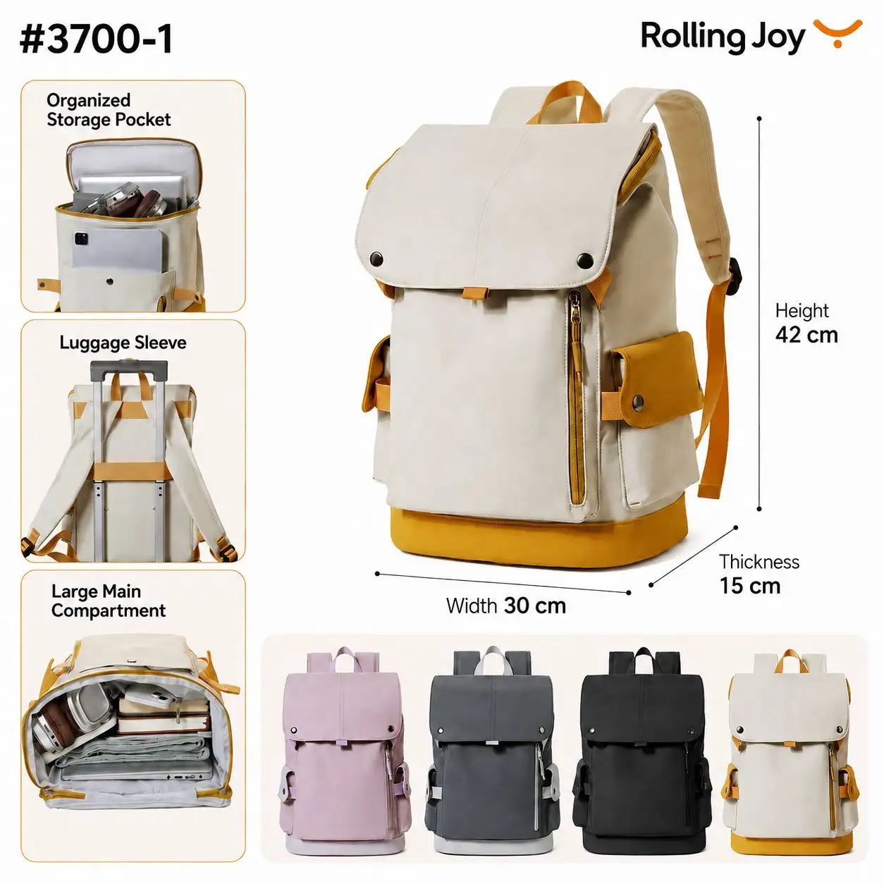 Rolling Joy OEM #3700-1 casual backpack yellow accents 42 x 30 x 15cm view 2