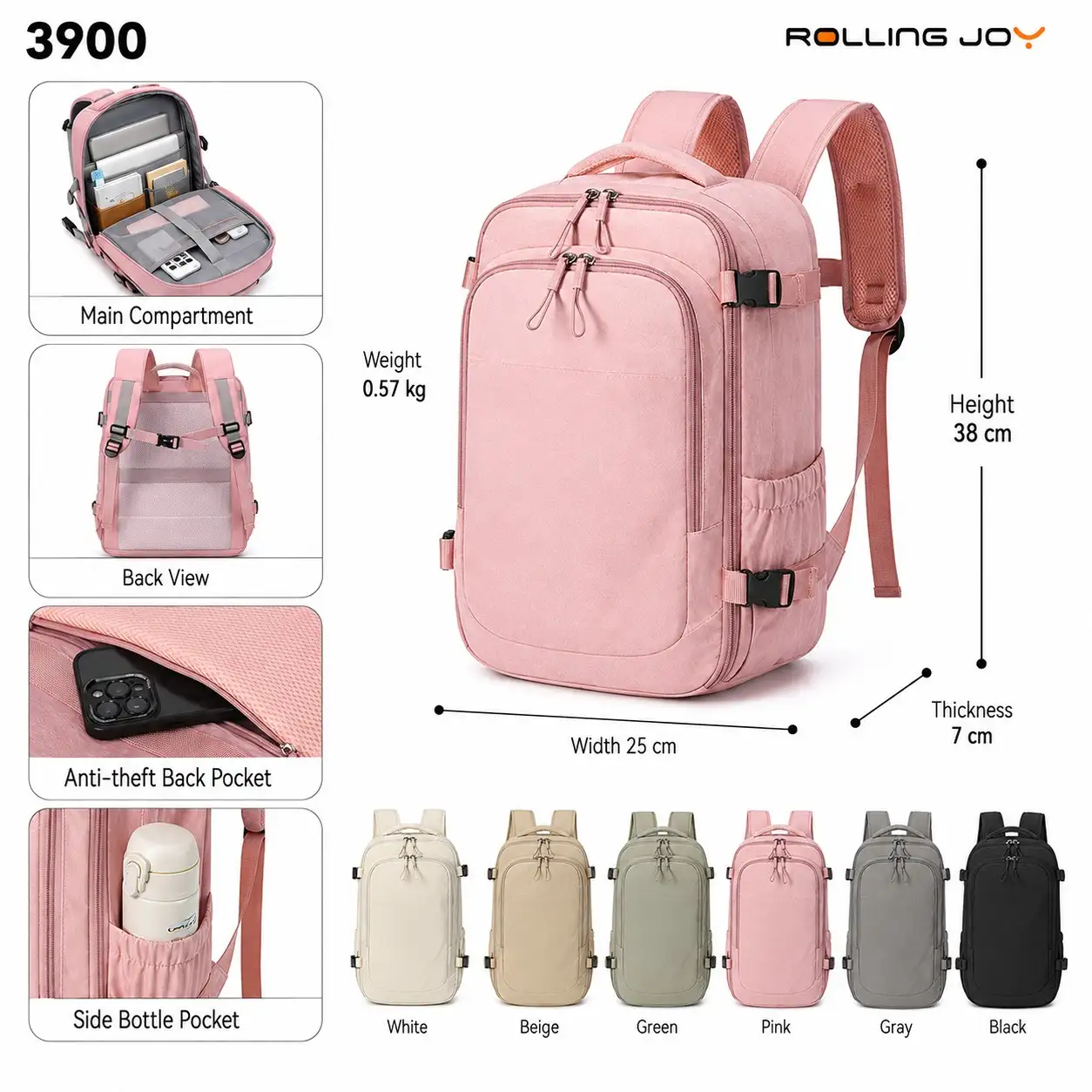 Rolling Joy OEM #3900 slim backpack pink 38 x 25 x 7cm view 2