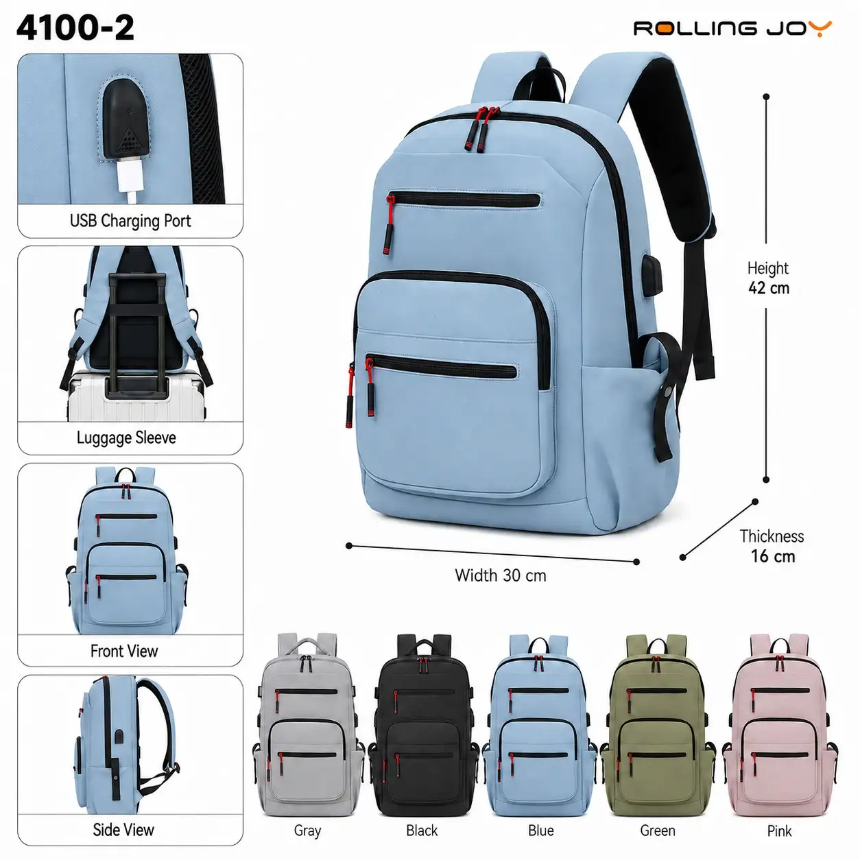 Rolling Joy OEM #4100-2 commute backpack light blue 42 x 30 x 16cm view 2