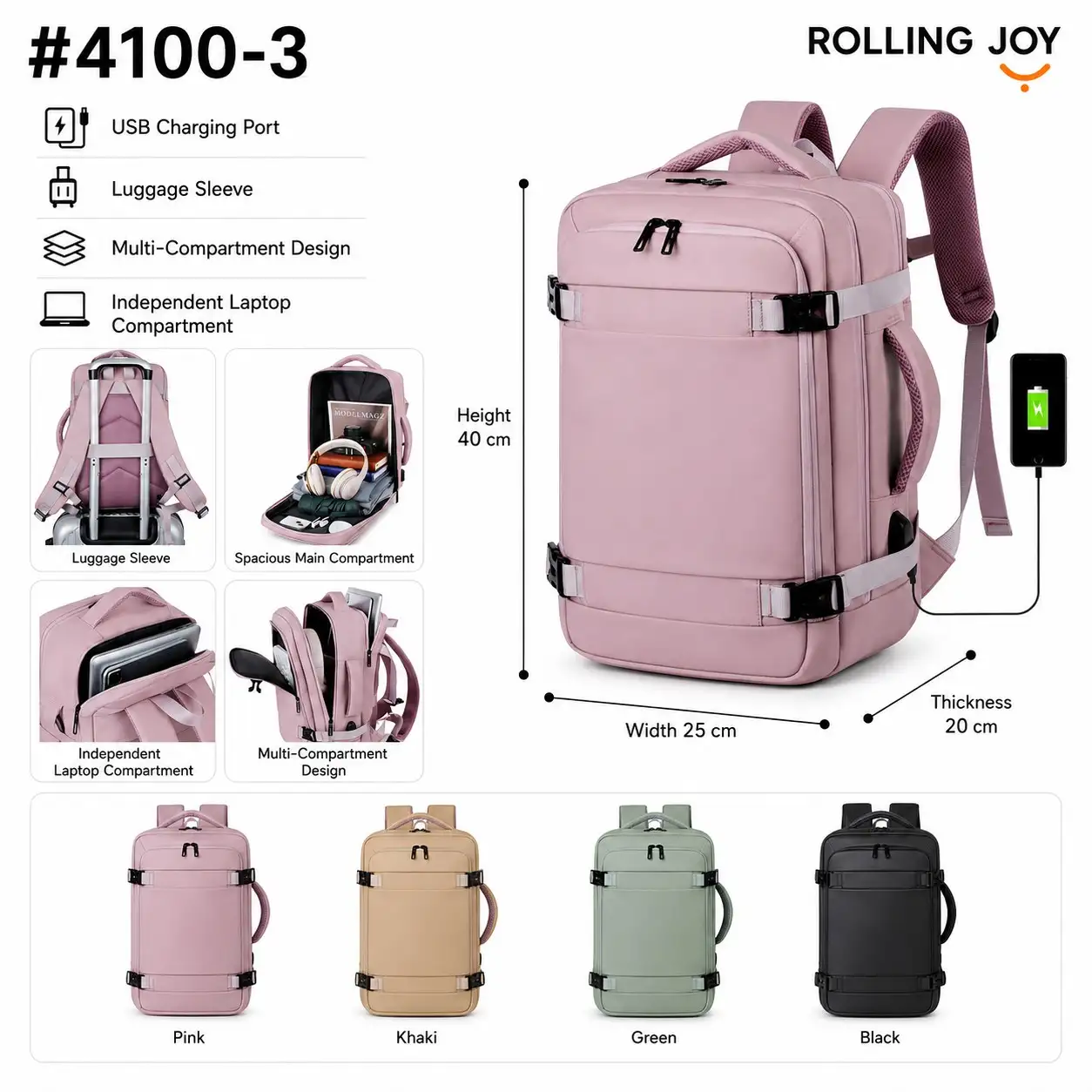 Rolling Joy OEM #4100-3 travel backpack pink 40 x 25 x 20cm view 2
