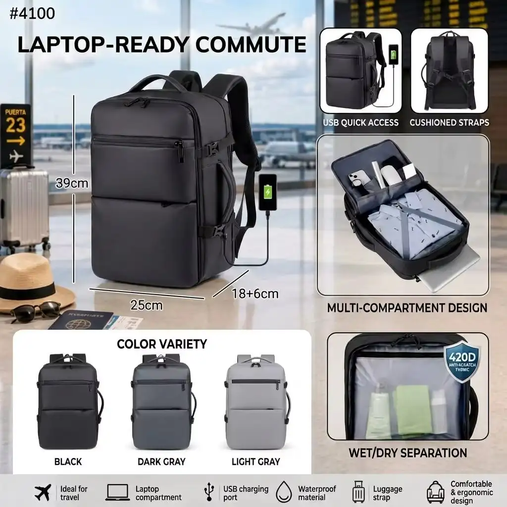 Rolling Joy OEM #4100 laptop-ready commute backpack 39 x 25 x 18 6cm 420D anti-scratch fabric view 2