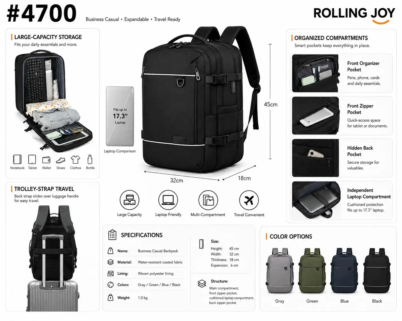 Rolling Joy OEM #4700 business casual expandable backpack black 45 x 32 x 18 6cm Water-resistant coated fabric view 2