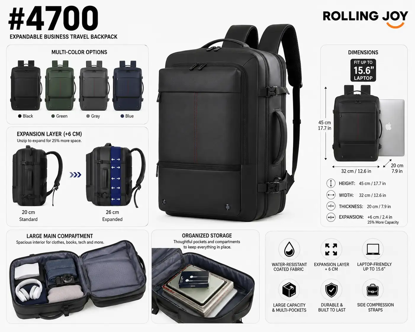 Rolling Joy OEM #4700 expandable business travel backpack black 45 x 32 x 20 6cm view 2