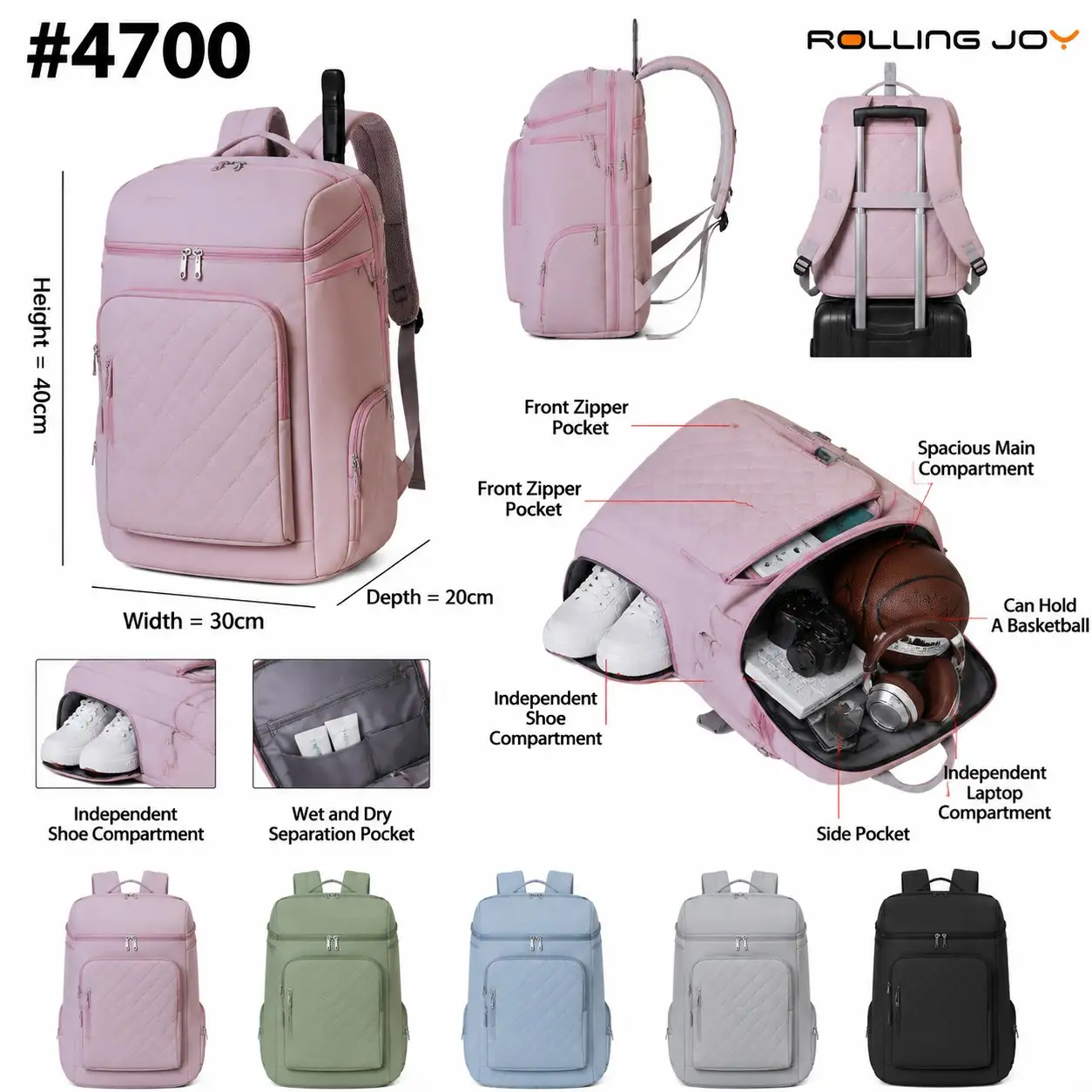 Rolling Joy OEM #4700 quilted travel backpack pink 40 x 30 x 20cm view 2