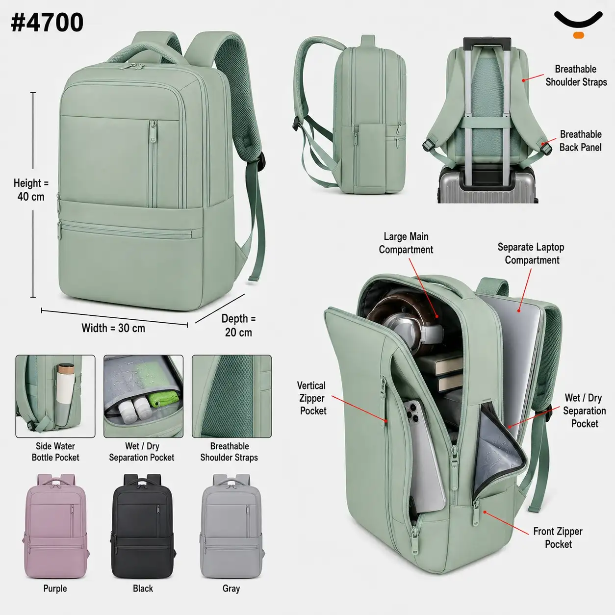 Rolling Joy OEM #4700 quilted backpack sage green 40 x 30 x 20cm view 2