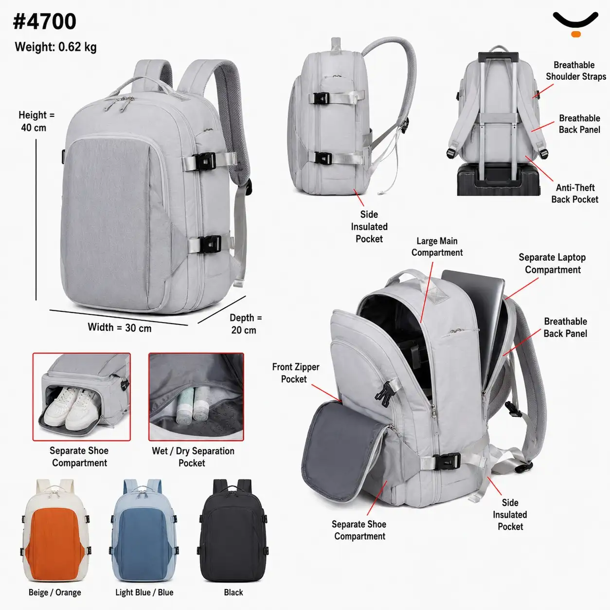 Rolling Joy OEM #4700 shoe compartment travel backpack light grey 40 x 30 x 20cm view 2