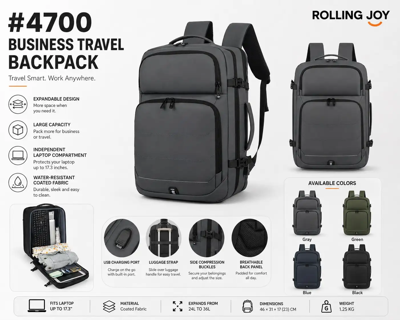 Rolling Joy OEM #4700 travel backpack 24 to 36 liter grey 46 x 31 x 17 23 view 2