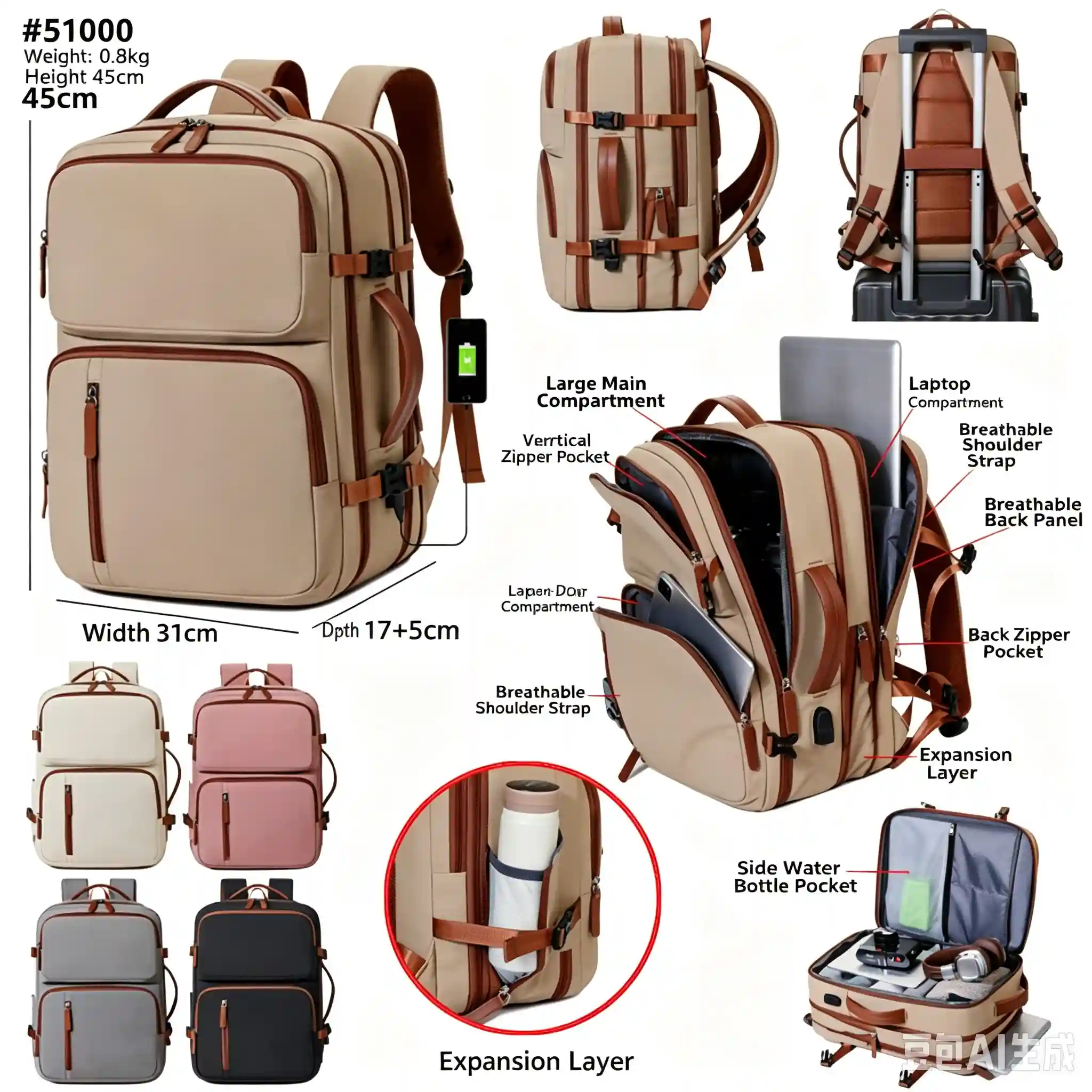 Rolling Joy OEM #51000 lightweight travel backpack tan 45 x 31 x 17 5cm view 2