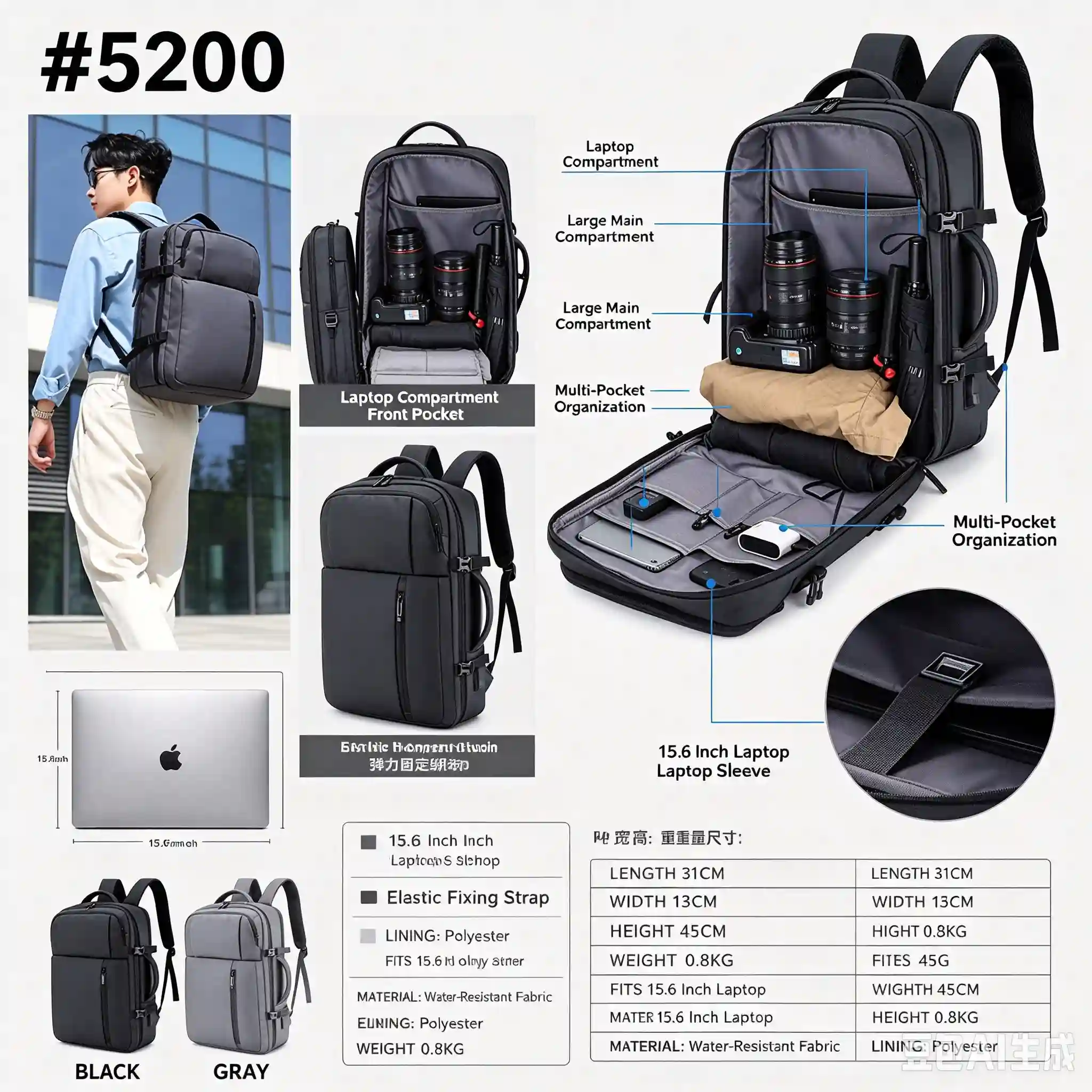 Rolling Joy OEM #5200 multi-function backpack water resistant 31 x 13 x 45cm Water-resistant fabric view 2