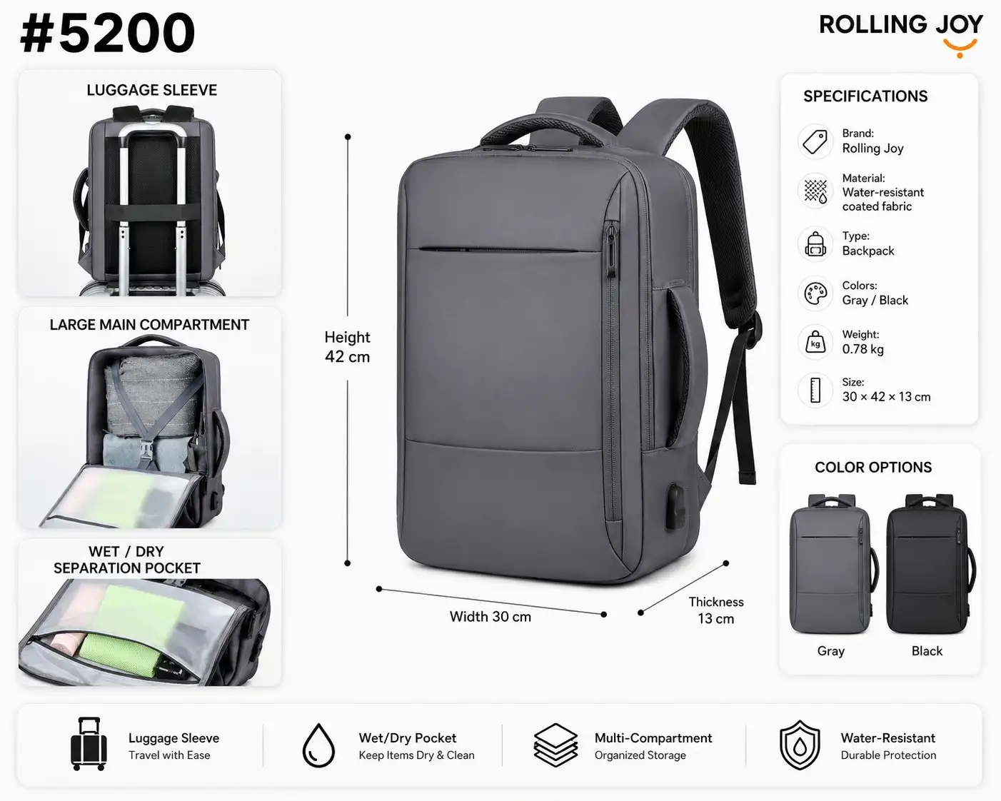 Rolling Joy OEM #5200 water resistant backpack grey 30 x 42 x 13cm Water-resistant coated fabric view 2