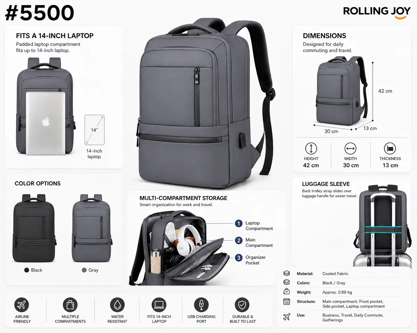 Rolling Joy OEM #5500 business commute backpack grey 42 x 30 x 13cm Coated fabric view 2