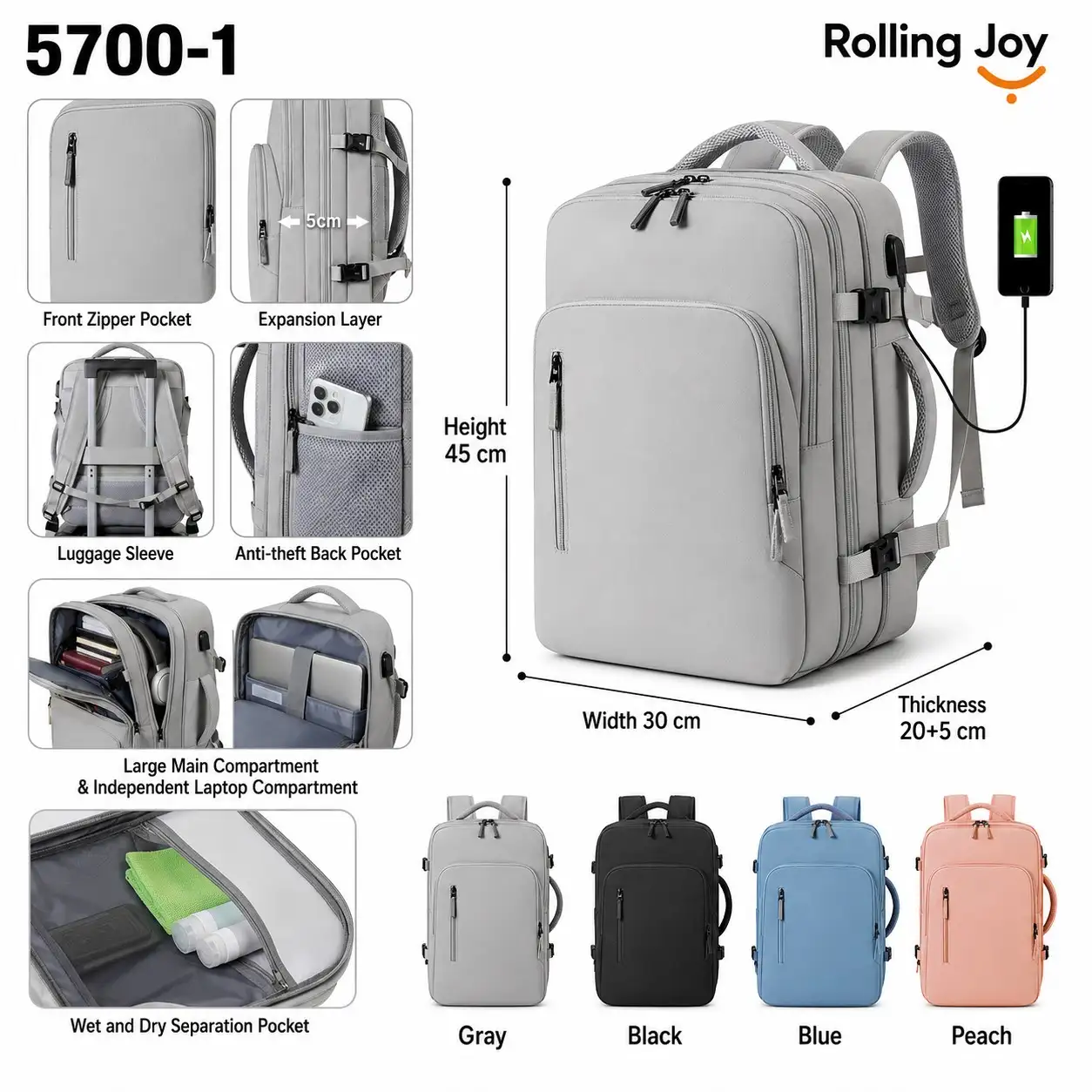 Rolling Joy OEM #5700-1 travel backpack anti-theft grey 45 x 30 x 20 5cm view 2