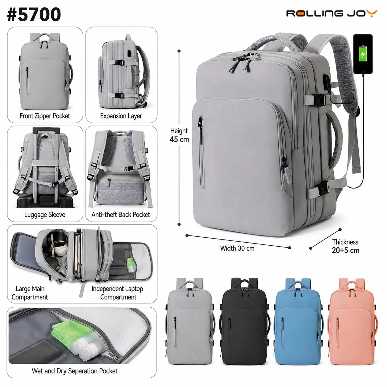 Rolling Joy OEM #5700 anti theft multi function backpack grey 45 x 30 x 20 5cm view 2