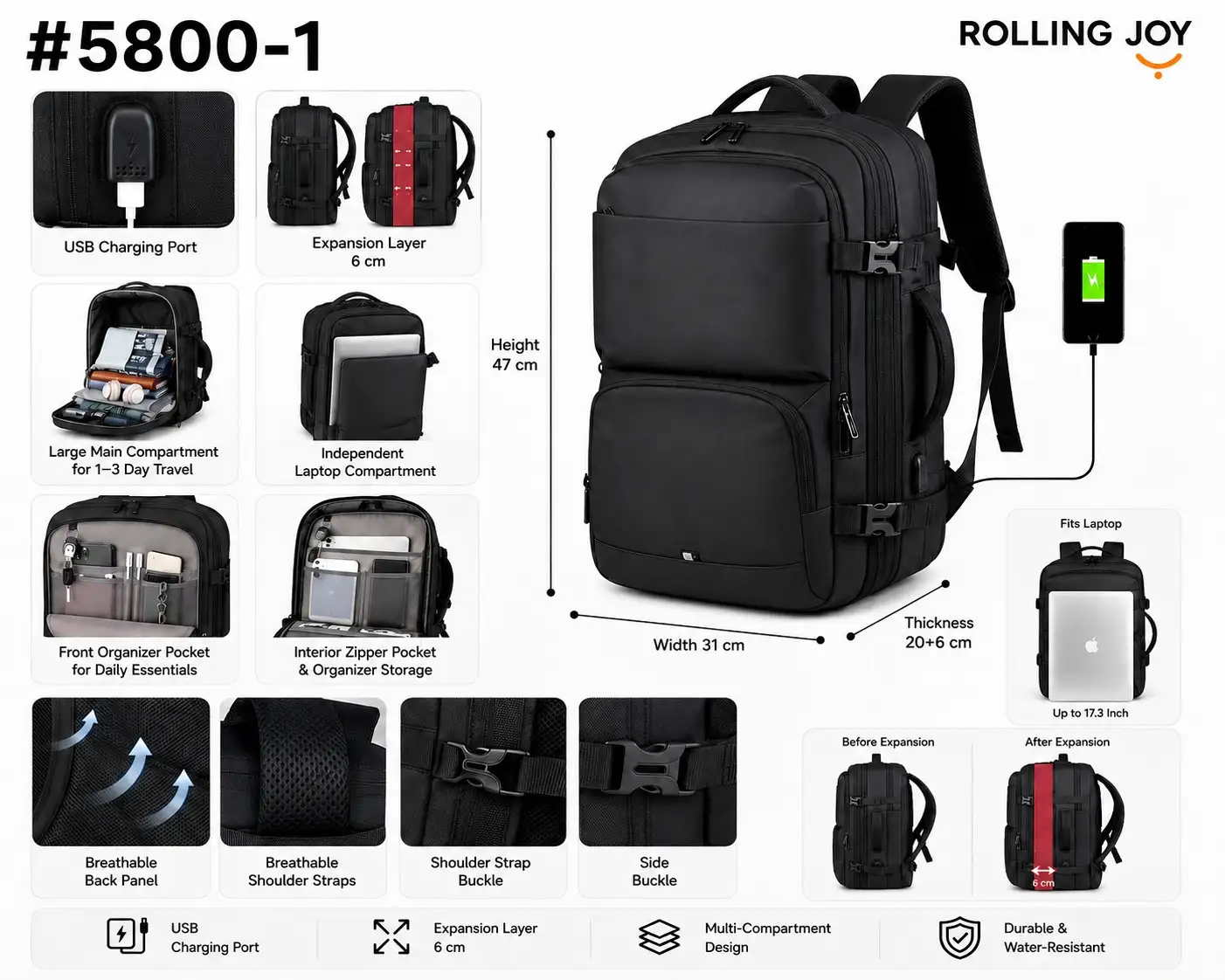 Rolling Joy OEM #5800-1 multi compartment travel backpack black 47 x 31 x 20 6cm view 2