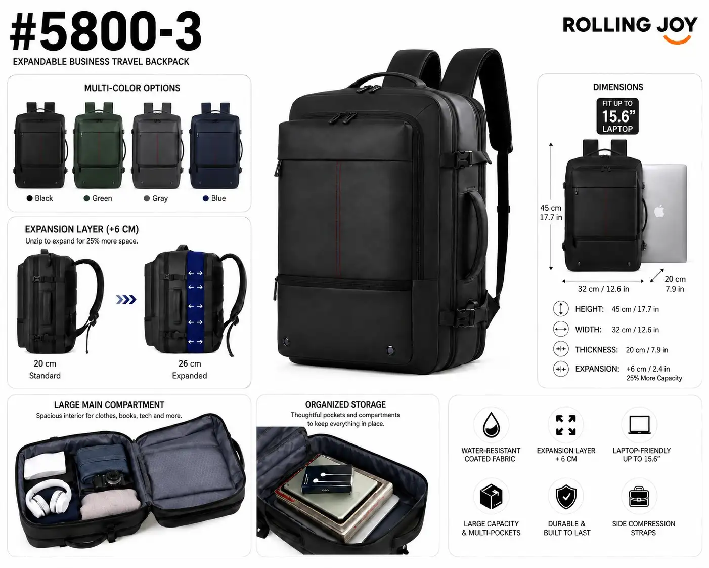 Rolling Joy OEM #5800-3 expandable business travel backpack black 45 x 32 x 20 6cm Water-resistant coated fabric view 2