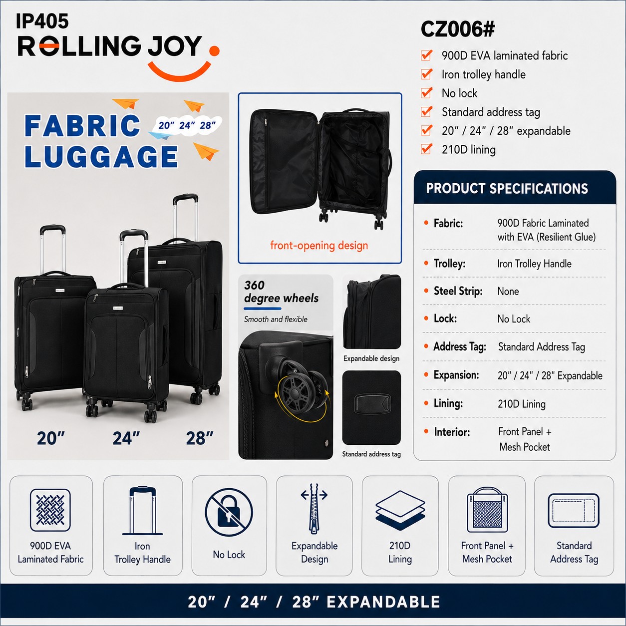 Rolling Joy OEM Rolling Joy fabric luggage IP405 CZ006 black 900D EVA laminated trolley case expandable 20inch 24inch 28inch all expandable 900D fabric laminated with EVA resilient view 2
