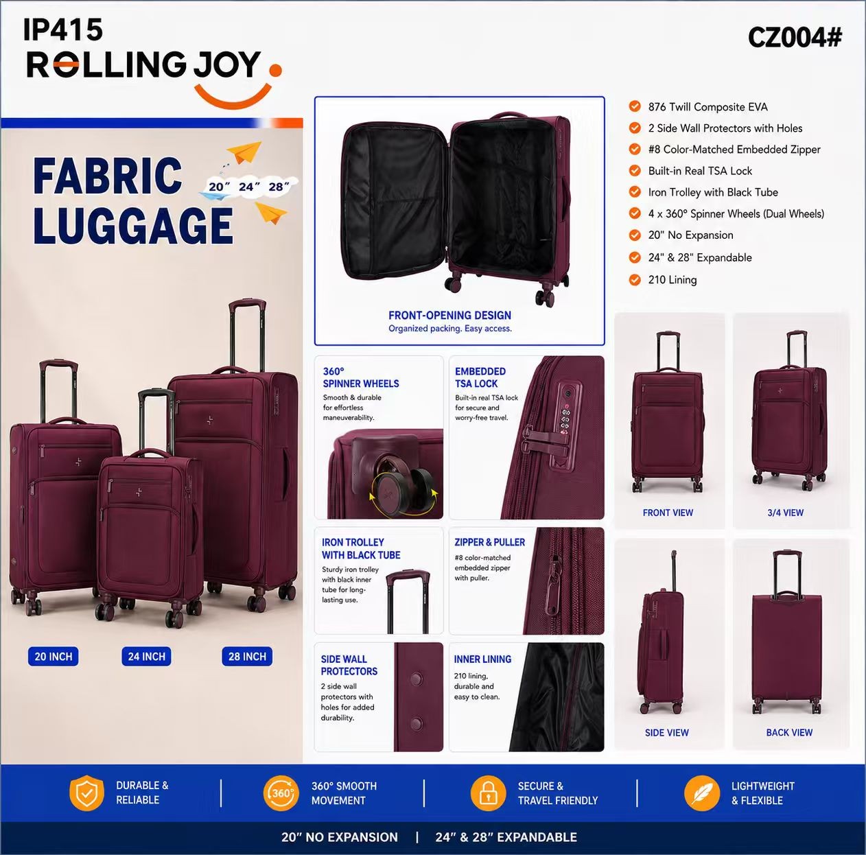 Rolling Joy OEM Rolling Joy fabric luggage IP415 CZ004 maroon 876 twill composite EVA trolley case with TSA lock 20inch no expansion 24inch & 28inch expandable 876 twill composite  view 2