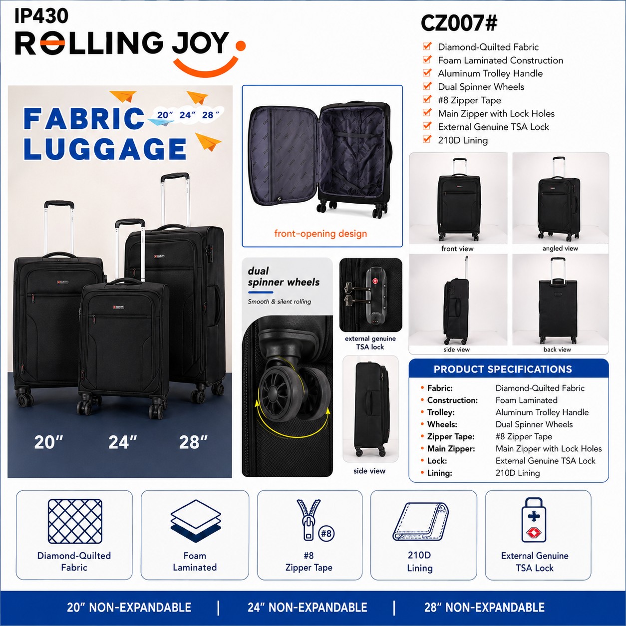 Rolling Joy OEM Rolling Joy fabric luggage IP430 CZ007 black diamond quilted trolley case with external TSA lock 20inch 24inch 28inch non-expandable Diamond-quilted fabric view 2