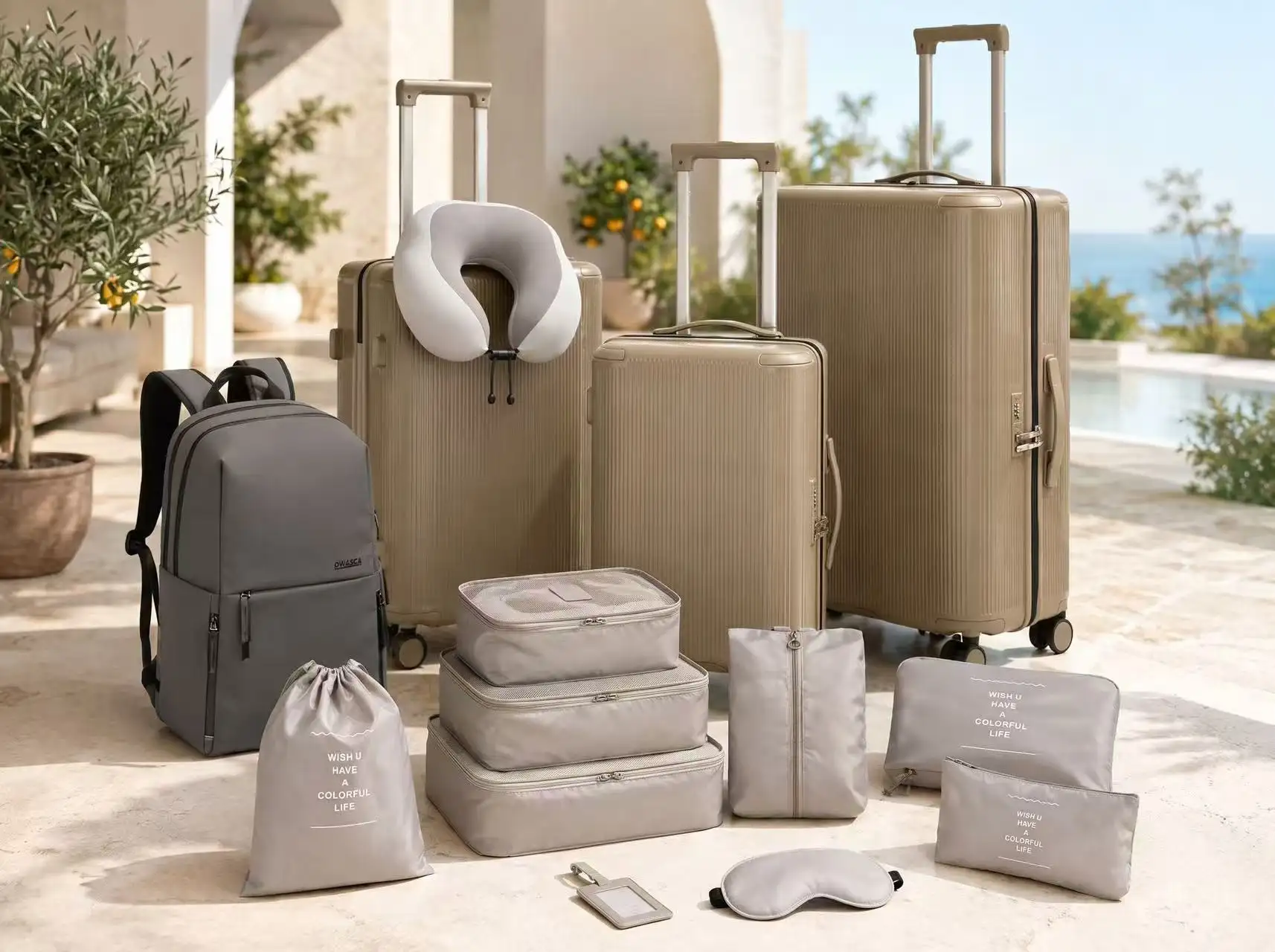 Rolling Joy OEM beige 3 piece hard shell set with travel accessories Ribbed hard-shell with TSA locks view 2