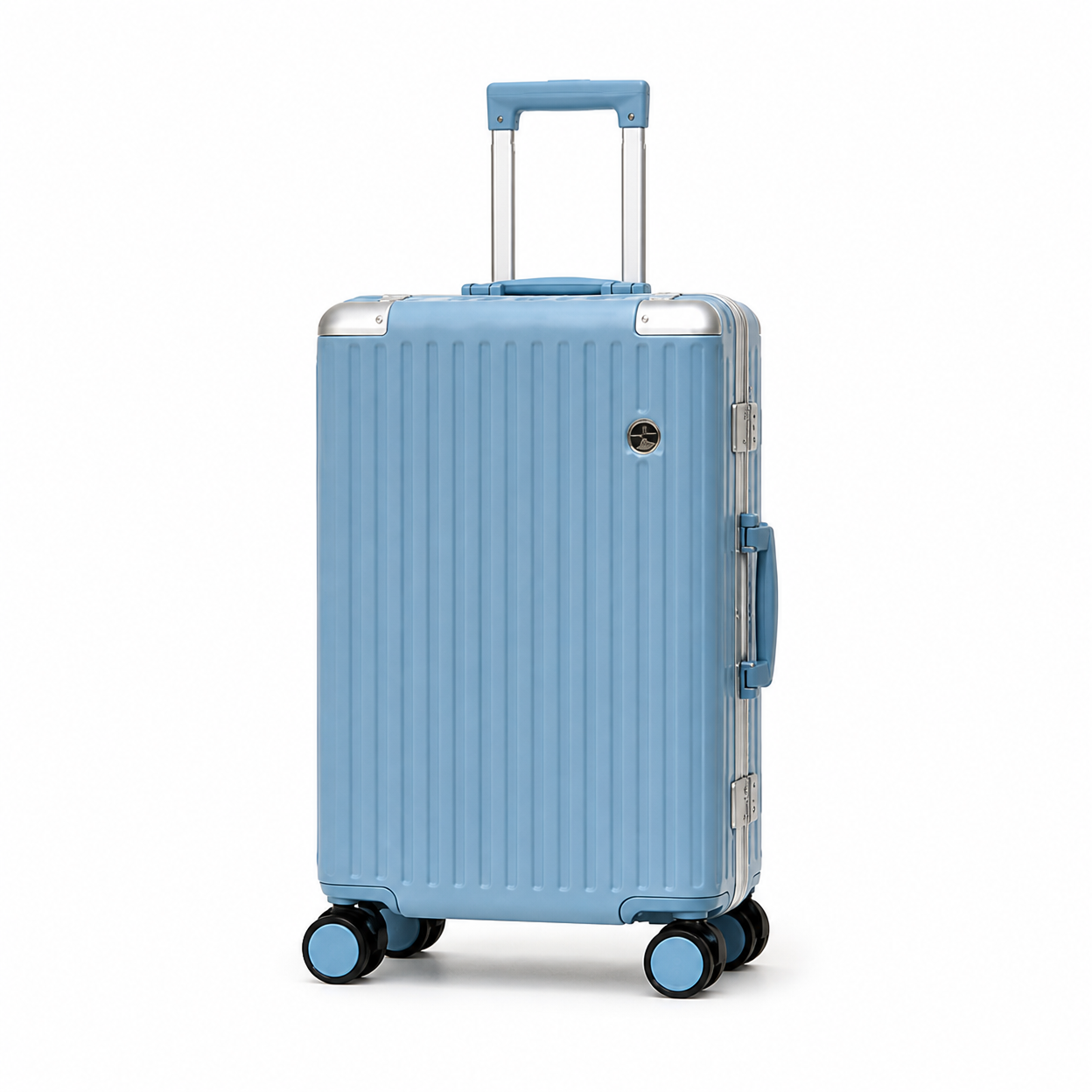 Rolling Joy OEM Rolling Joy aluminum frame PC hard shell trolley case set LK01 light blue vertical ribbed 20 24 28 inch TSA latch lock 20inch Carry-On 24inch Checked 28inch Checked